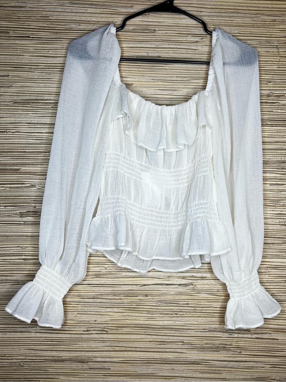 NWT Divided by H&M Off-White Ruffled Long-Sleeve Blouse, sheer-like, small